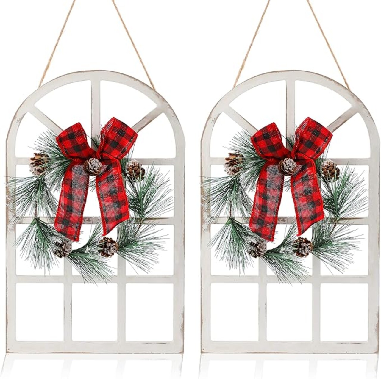 Wood Christmas Holiday Wall Hanging Indoor Outdoor Decorations Rustic Christmas Window Plaque Signs Wooden Arch with Wreath Christmas Home Party (Red-Black)